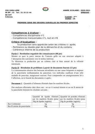 Première page de SVT 3e — 1er devoir surveillé, 1er semestre (2020-2021) · CEG SURU-LERE
