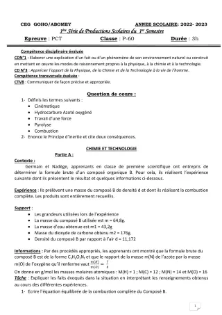 Première page de PCT 1ère D — 1re production scolaire, 1er semestre (2022-2023) · CEG GOHO