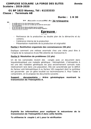 Première page de SVT 1ère A2, Tle A2, Tle B — 1er devoir surveillé, 2e trimestre (2019-2020) · CPEG LA FORGE DES ELITES
