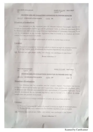 Première page de Devoir surveillé de FRANCAIS — 3e — CEG Sèdjè-Houègoudo (2022)
