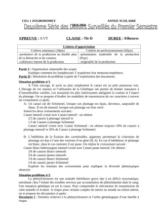 Première page de SVT Tle A & B, Tle C, Tle D — 1er semestre (2018-2019) · CEG 1 ZOGBODOMEY
