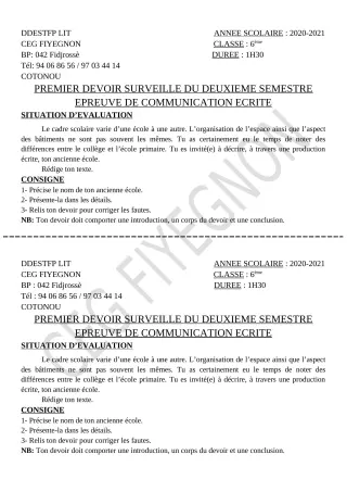 Première page de Français 6e — 1er devoir surveillé, 2e semestre (2020-2021) · CEG FIYEGNON