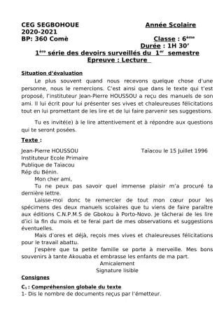 Première page de Français 6e, 5e, 4e, 4e ML, 3e, 3e ML — 1er devoir surveillé, 1er semestre (2020-2021) · CEG SEGBOHOUE