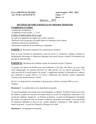 Première page de SVT 4e, 4e ML — 2e devoir surveillé, 1er trimestre (2021-2022) · CEPG La Prunelle de Dieu