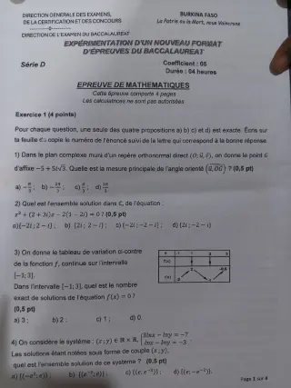 Première page de Sujet Bac Blanc National 2025 Examen et Corrigé Mathématiques Série D