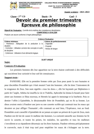 Première page de Philosophie 2nde A2, 2nde B, 2nde D, 1ère A2, 1ère B, 1ère D, Tle A2, Tle B, Tle D — 2e devoir surveillé, 1er trimestre (2021-2022) · CPEG AGBOZO MEGBEDJI