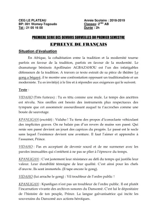 Première page de Français 2nde C — 1er devoir surveillé, 1er semestre (2018-2019) · CEG Le Plateau