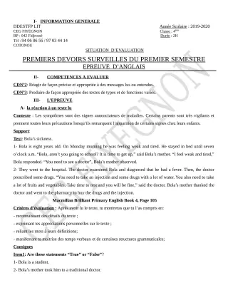 Première page de Anglais 4e, 4e ML — Devoir surveillé, 1er semestre (2019-2020) · CEG FIYEGNON