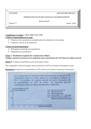Première page de SVT 1ère A2 — 1er devoir surveillé, 2e semestre (2020-2021) · CEG SEKERE