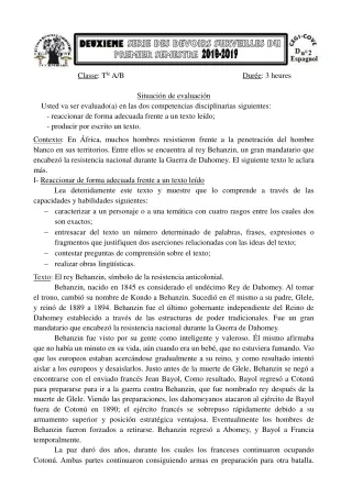 Première page de Espagnol Tle A1, Tle A2, Tle B — 1er semestre (2018-2019) · CEG1 Covè