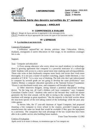 Première page de Anglais 1ère A, 1ère B, 1ère C, 1ère D — 2e devoir surveillé, 1er semestre (2018-2019) · CEG Sékou