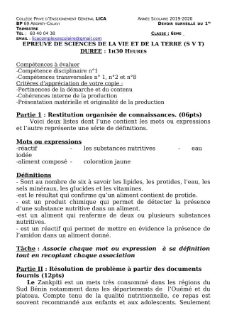 Première page de SVT 6e — Devoir surveillé, 1er trimestre (2019-2020) · CPEG LICA