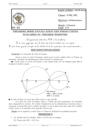 Première page de Mathématiques 3e, 3e ML — Production scolaire, 1er semestre (2018-2019) · CEG2 TANGUIETA