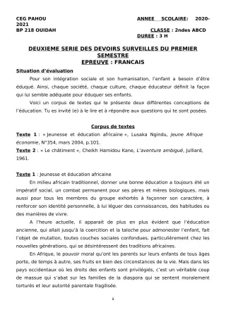 Première page de Français 2nde A & B, 2nde A2, 2nde B, 2nde C, 2nde D — 2e devoir surveillé, 1er semestre (2020-2021) · CEG PAHOU