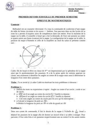 Première page de Mathématiques 4e — 1er devoir surveillé, 1er semestre (2019-2020) · CEG ADJOVICODJI 'LES OLIVIERS'