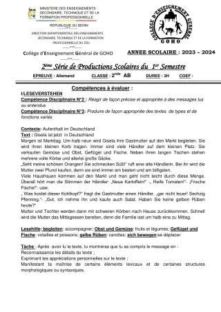 Première page de Allemand 2nde A & B — 2e production scolaire, 1er semestre (2023-2024) · CEG GOHO