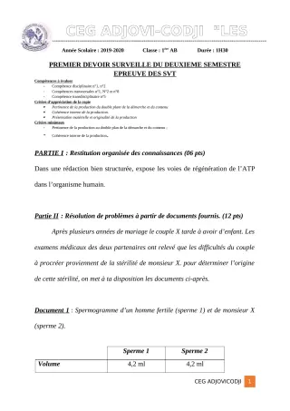 Première page de SVT 1ère B — 1er devoir surveillé, 2e semestre (2019-2020) · CEG ADJOVICODJI 'LES OLIVIERS'