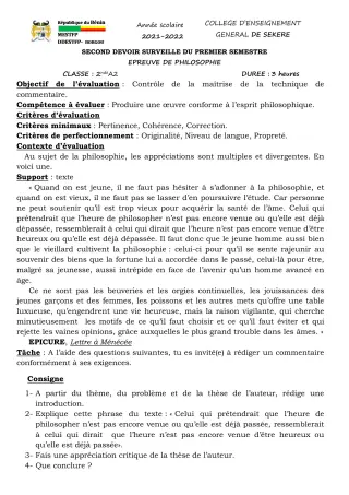 Première page de Philosophie 2nde A2 — 2e devoir surveillé, 1er semestre (2021-2022) · CEG SEKERE