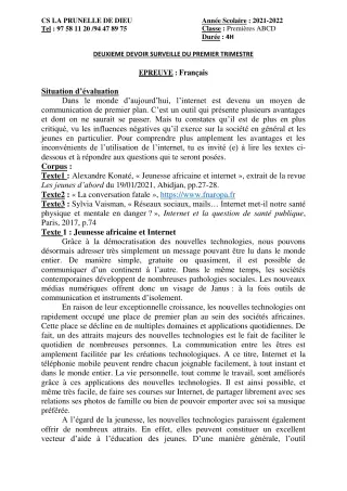 Première page de Français 1ère B, 1ère D — 2e devoir surveillé, 1er trimestre (2021-2022) · CEPG La Prunelle de Dieu