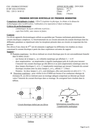 Première page de PCT 4e — 1er devoir surveillé, 1er semestre (2019-2020) · CEG ZOGBO