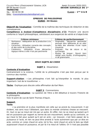 Première page de Philosophie 1ère A2, 1ère B — 1er devoir surveillé, 1er trimestre (2020-2021) · CPEG LICA