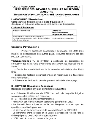 Première page de Histoire-Géographie Tle C, Tle D — 1er devoir surveillé, 2e semestre (2020-2021) · CEG 1 Agatogbo