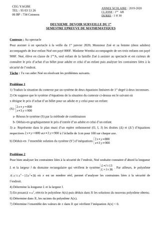 Première page de Mathématiques 1ère A2 — 2e devoir surveillé, 1er semestre (2019-2020) · CEG Yagbe