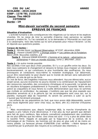 Première page de Français Tle B — Devoir surveillé, 2e semestre (2019-2020) · CEG du Lac
