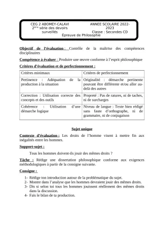 Première page de Philosophie 2nde C — 2e devoir surveillé, 2e semestre (2022-2023) · CEG2 ABOMEY - CALAVI (CEG ZOCA)