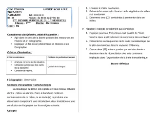 Première page de Histoire-Géographie 4e — 2e devoir surveillé, 1er semestre (2022-2023) · CEG ZONGO