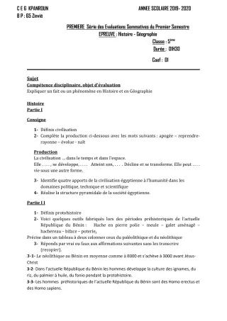 Première page de Histoire-Géographie 5e — 1re évaluation sommative, 1er semestre (2019-2020) · CEG Kpanroun