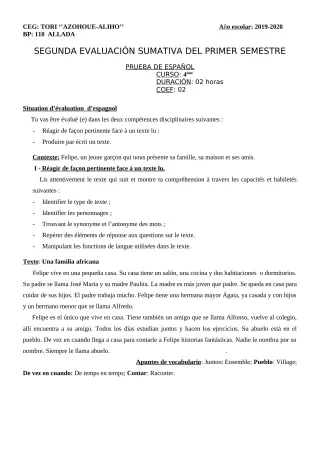 Première page de Espagnol 4e ML — 2019-2020 · CEG AZOHOUE-ALIHO