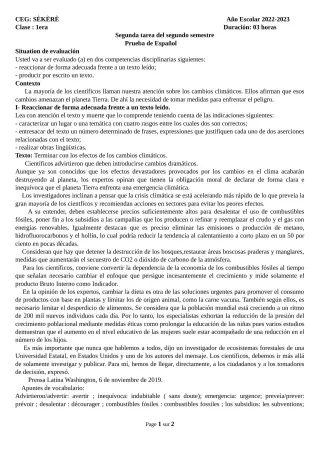 Première page de Espagnol 1ère A2 — 2022-2023 · CEG SEKERE