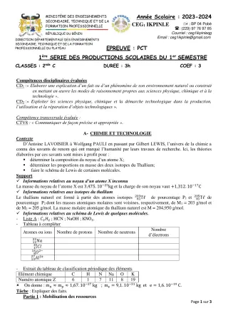Première page de PCT 2nde C — 1re production scolaire, 1er semestre (2023-2024) · CEG1 Ikpinlè