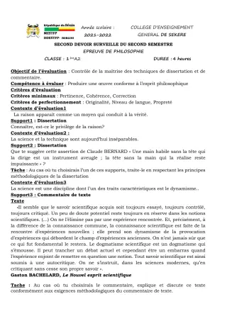 Première page de Philosophie 1ère A2 — 2e devoir surveillé, 2e semestre (2021-2022) · CEG SEKERE