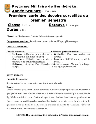 Première page de Philosophie 2nde C, 2nde D — 1er devoir surveillé, 1er semestre (2019-2020) · PMB