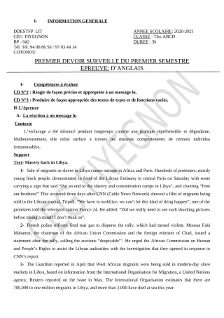 Première page de Anglais Tle A2, Tle B, Tle C, Tle D — 1er devoir surveillé, 1er semestre (2020-2021) · CEG FIYEGNON