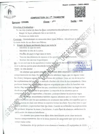 Première page de Espagnol 3e, 3e ML — Composition, 1er trimestre (2021-2022) · CPEG ROSAIRE