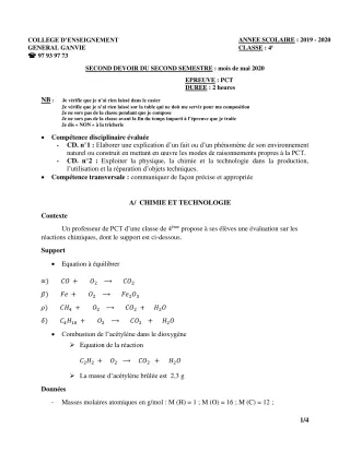 Première page de PCT 4e ML&MC — Composition, 2e semestre (2019-2020) · CEG Ganvié