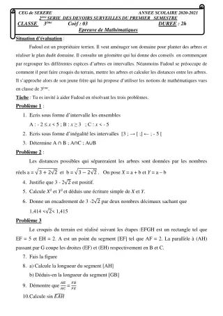 Première page de Mathématiques 3e, 3e ML — 2e devoir surveillé, 1er semestre (2020-2021) · CEG SEKERE