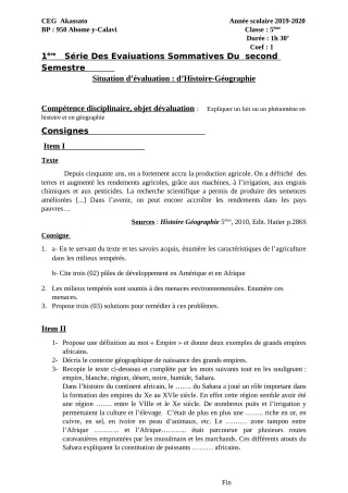 Première page de Histoire-Géographie 5e — 2e semestre (2019-2020) · CEG Akassato