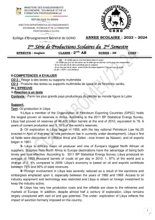 Première page de Anglais 2nde A & B — 1re production scolaire, 2e semestre (2023-2024) · CEG GOHO