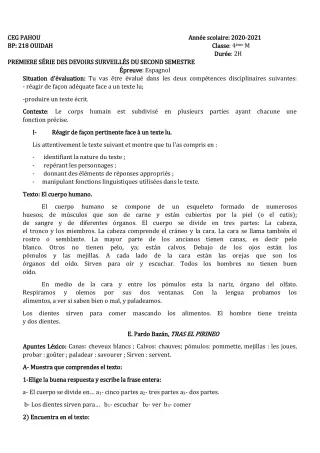Première page de Espagnol 4e — 1er devoir surveillé, 2e semestre (2020-2021) · CEG PAHOU