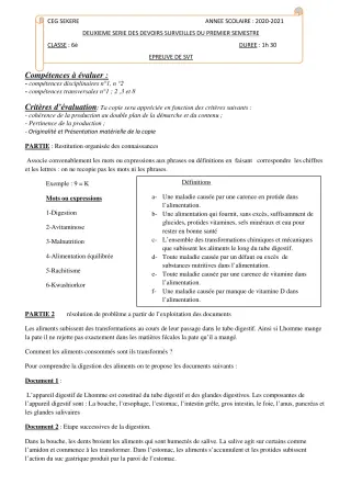 Première page de SVT 6e — 2e devoir surveillé, 1er semestre (2020-2021) · CEG SEKERE