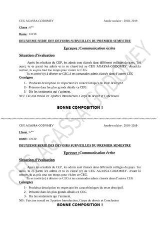 Première page de Français 6e, 5e, 4e, 4e ML, 2nde A & B, 2nde C, 2nde D — 2e devoir surveillé, 1er semestre (2018-2019) · CEG Agassa Godomey