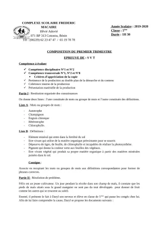 Première page de SVT 6e — Composition, 1er trimestre (2019-2020) · CPEG Frédéric Macaire