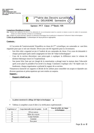 Première page de PCT 3e — Devoir surveillé, 2e semestre (2018-2019) · CEG Sainte Rita