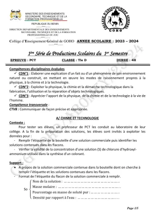Première page de PCT Tle D — 1re production scolaire, 1er semestre (2023-2024) · CEG GOHO