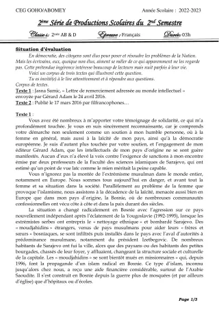 Première page de Français 2nde A & B — 2e production scolaire, 2e semestre (2022-2023) · CEG GOHO