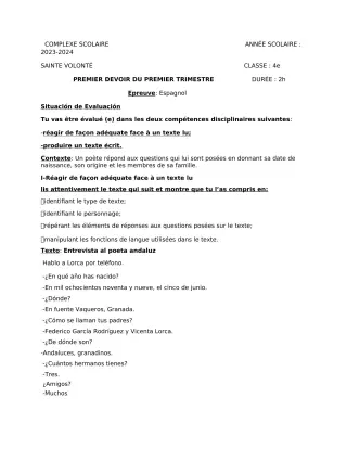 Première page de Espagnol 4e ML — 1er devoir surveillé, 1er trimestre (2023-2024) · CPEG Sainte Volonté